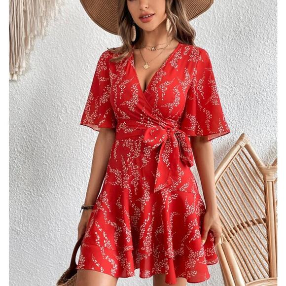 Allover Print Butterfly Sleeve Wrap Knot Side Dress burnt orange half sleeve MD - Picture 1 of 9